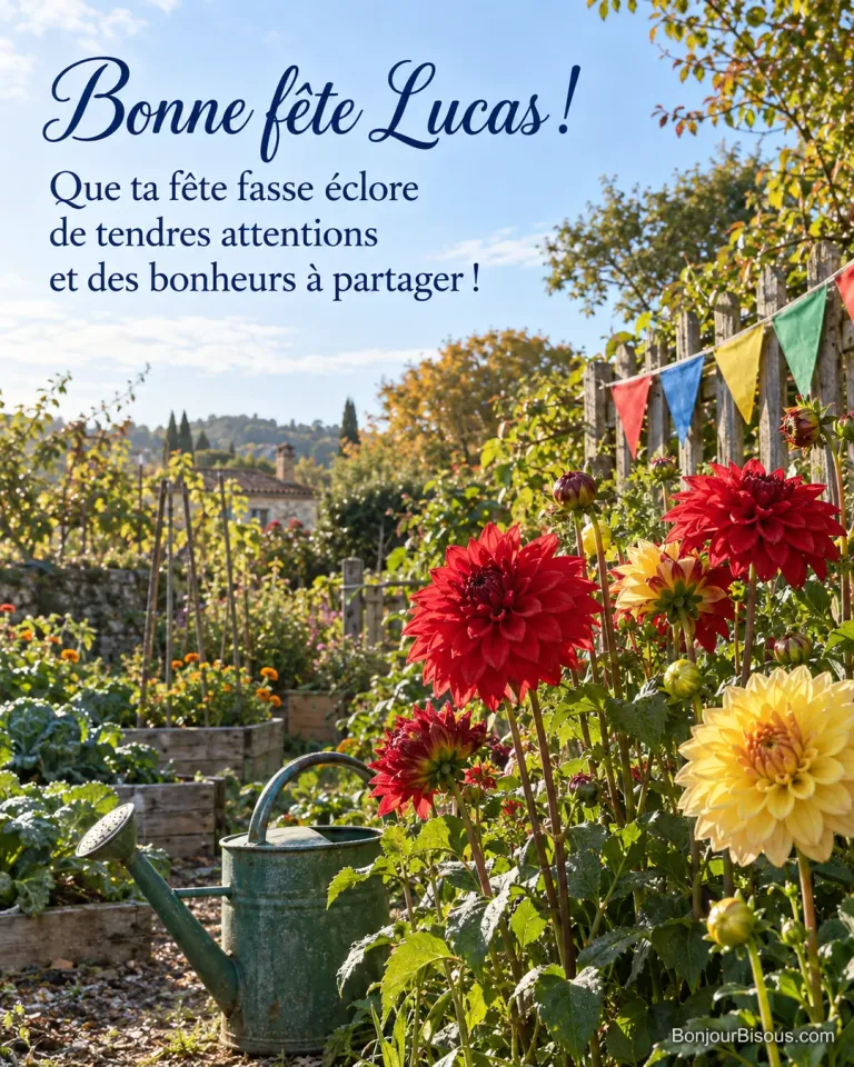 Des dahlias rouges et jaunes illuminent un potager décoré de fanions. Le message est : « Bonne fête Lucas ! Que ta fête fasse éclore de tendres attentions et des bonheurs à partager ! »