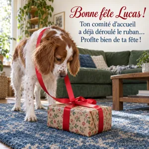Un épagneul curieux examine un cadeau dont le ruban s’est défait. Le message est : « Bonne fête Lucas ! Ton comité d’accueil a déjà déroulé le ruban… Profite bien de ta fête ! »