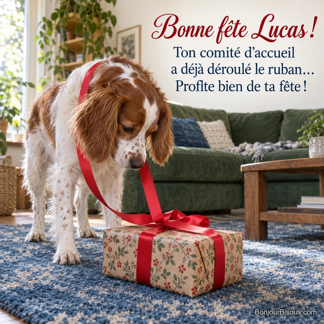 Un épagneul curieux examine un cadeau dont le ruban s’est défait. Le message est : « Bonne fête Lucas ! Ton comité d’accueil a déjà déroulé le ruban… Profite bien de ta fête ! » Un épagneul curieux examine un cadeau dont le ruban s’est défait. Le message est : « Bonne fête Lucas ! Ton comité d’accueil a déjà déroulé le ruban… Profite bien de ta fête ! »