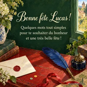 Une plume bleue et une enveloppe cachetée attendent près d’une fenêtre ouverte. Le message est : « Bonne fête Lucas ! Quelques mots tout simples pour te souhaiter du bonheur et une très belle fête ! »