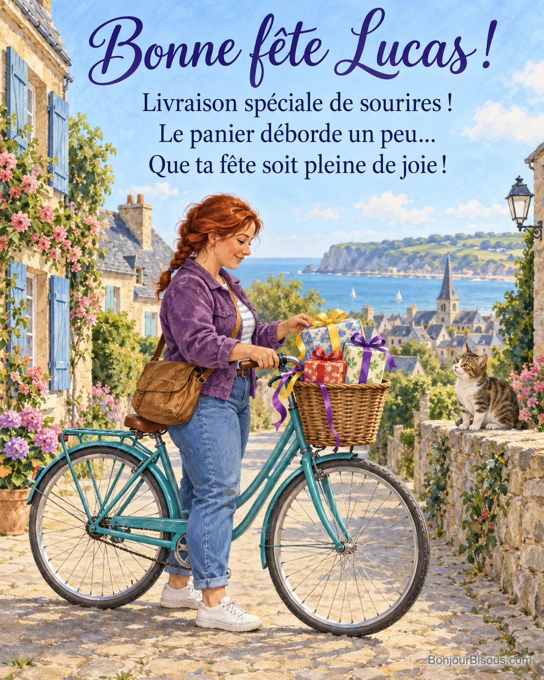 Une cycliste découvre un panier trop rempli de petits cadeaux aux rubans emmêlés. Le message est : « Bonne fête Lucas ! Livraison spéciale de sourires ! Le panier déborde un peu… Que ta fête soit pleine de joie ! » Une cycliste découvre un panier trop rempli de petits cadeaux aux rubans emmêlés. Le message est : « Bonne fête Lucas ! Livraison spéciale de sourires ! Le panier déborde un peu… Que ta fête soit pleine de joie ! »