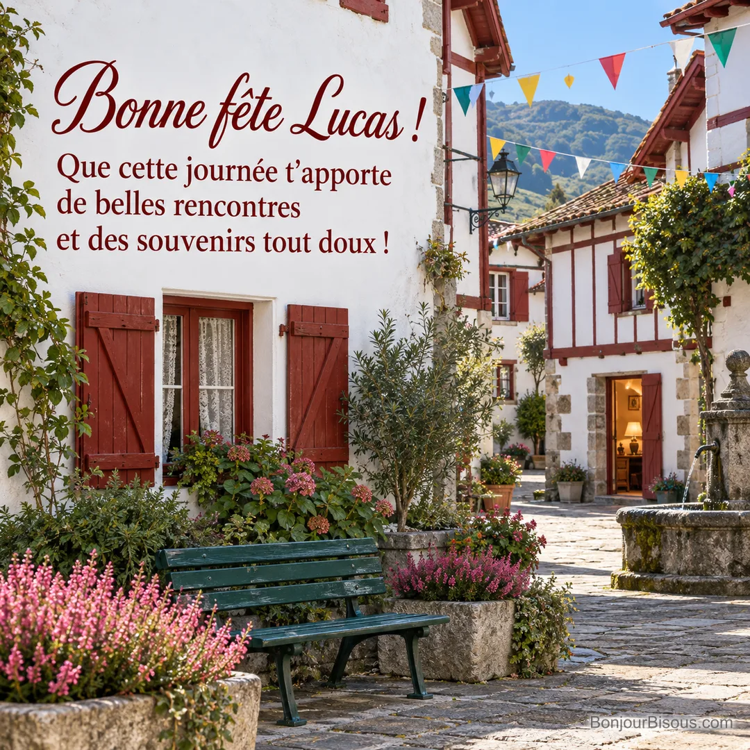 Une place basque aux colombages rouges se décore de guirlandes pour une journée joyeuse. Le message est : « Bonne fête Lucas ! Que cette journée t’apporte de belles rencontres et des souvenirs tout doux ! » Une place basque aux colombages rouges se décore de guirlandes pour une journée joyeuse. Le message est : « Bonne fête Lucas ! Que cette journée t’apporte de belles rencontres et des souvenirs tout doux ! »