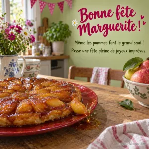 Un quartier de pomme plonge dans le caramel au bord d’une tarte tatin, dans une cuisine décorée de fanions, avec le message « Bonne fête Marguerite ! Même les pommes font le grand saut ! Passe une fête pleine de joyeux imprévus. ».