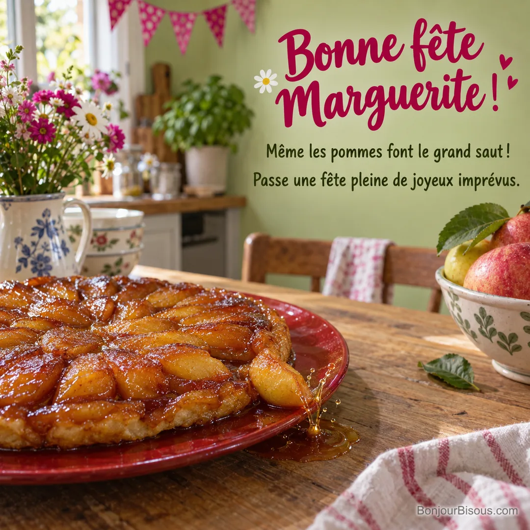 Un quartier de pomme plonge dans le caramel au bord d’une tarte tatin, dans une cuisine décorée de fanions, avec le message « Bonne fête Marguerite ! Même les pommes font le grand saut ! Passe une fête pleine de joyeux imprévus. ». Un quartier de pomme plonge dans le caramel au bord d’une tarte tatin, dans une cuisine décorée de fanions, avec le message « Bonne fête Marguerite ! Même les pommes font le grand saut ! Passe une fête pleine de joyeux imprévus. ».