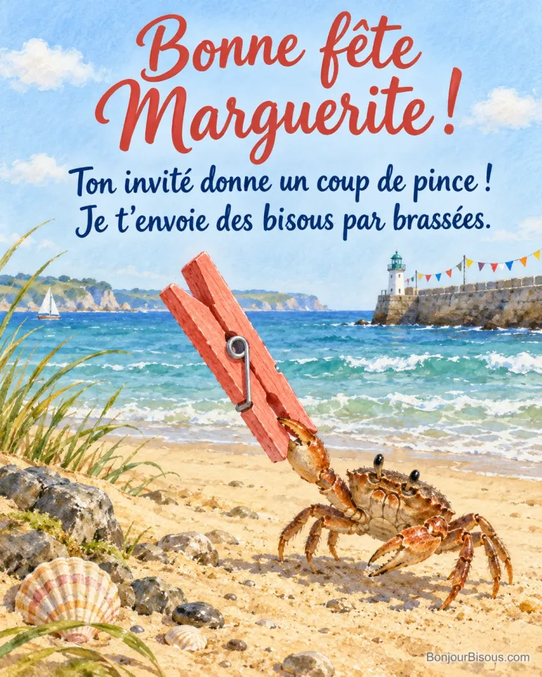 Un petit crabe curieux tient une immense pince à linge corail sur une plage lumineuse, avec le message « Bonne fête Marguerite ! Ton invité donne un coup de pince ! Je t’envoie des bisous par brassées. ».