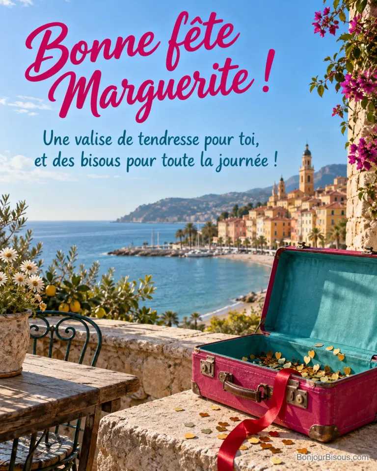 Une valise fuchsia ouverte sur une terrasse maritime laisse déborder ruban rouge et petits cœurs dorés, avec le message « Bonne fête Marguerite ! Une valise de tendresse pour toi, et des bisous pour toute la journée ! ».