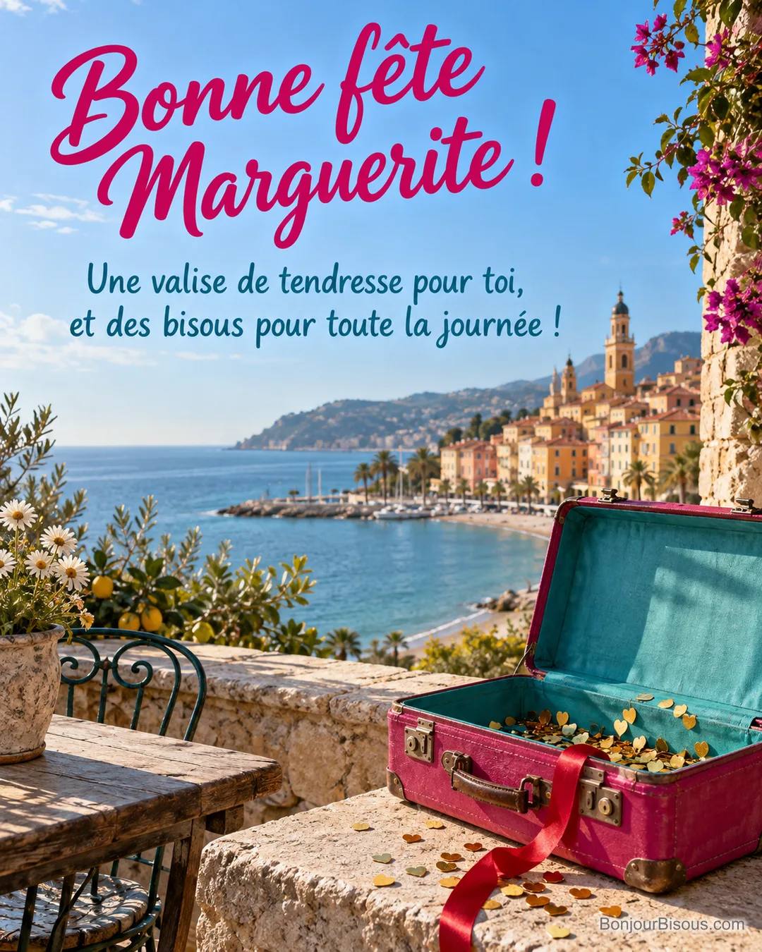 Une valise fuchsia ouverte sur une terrasse maritime laisse déborder ruban rouge et petits cœurs dorés, avec le message « Bonne fête Marguerite ! Une valise de tendresse pour toi, et des bisous pour toute la journée ! ». Une valise fuchsia ouverte sur une terrasse maritime laisse déborder ruban rouge et petits cœurs dorés, avec le message « Bonne fête Marguerite ! Une valise de tendresse pour toi, et des bisous pour toute la journée ! ».