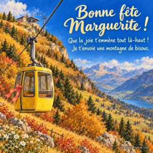 Une cabine de téléphérique jaune ornée d’un ruban corail s’élève au-dessus d’un coteau savoyard doré, avec le message « Bonne fête Marguerite ! Que la joie t’emmène tout là-haut ! Je t’envoie une montagne de bisous. ».