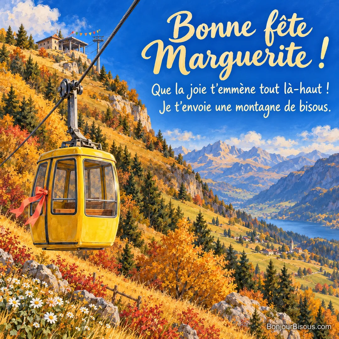 Une cabine de téléphérique jaune ornée d’un ruban corail s’élève au-dessus d’un coteau savoyard doré, avec le message « Bonne fête Marguerite ! Que la joie t’emmène tout là-haut ! Je t’envoie une montagne de bisous. ». Une cabine de téléphérique jaune ornée d’un ruban corail s’élève au-dessus d’un coteau savoyard doré, avec le message « Bonne fête Marguerite ! Que la joie t’emmène tout là-haut ! Je t’envoie une montagne de bisous. ».