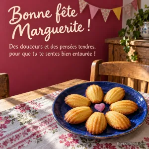 Sept madeleines dorées entourent un petit cœur rose sur un plat bleu dans une maison lumineuse, avec le message « Bonne fête Marguerite ! Des douceurs et des pensées tendres, pour que tu te sentes bien entourée ! ».