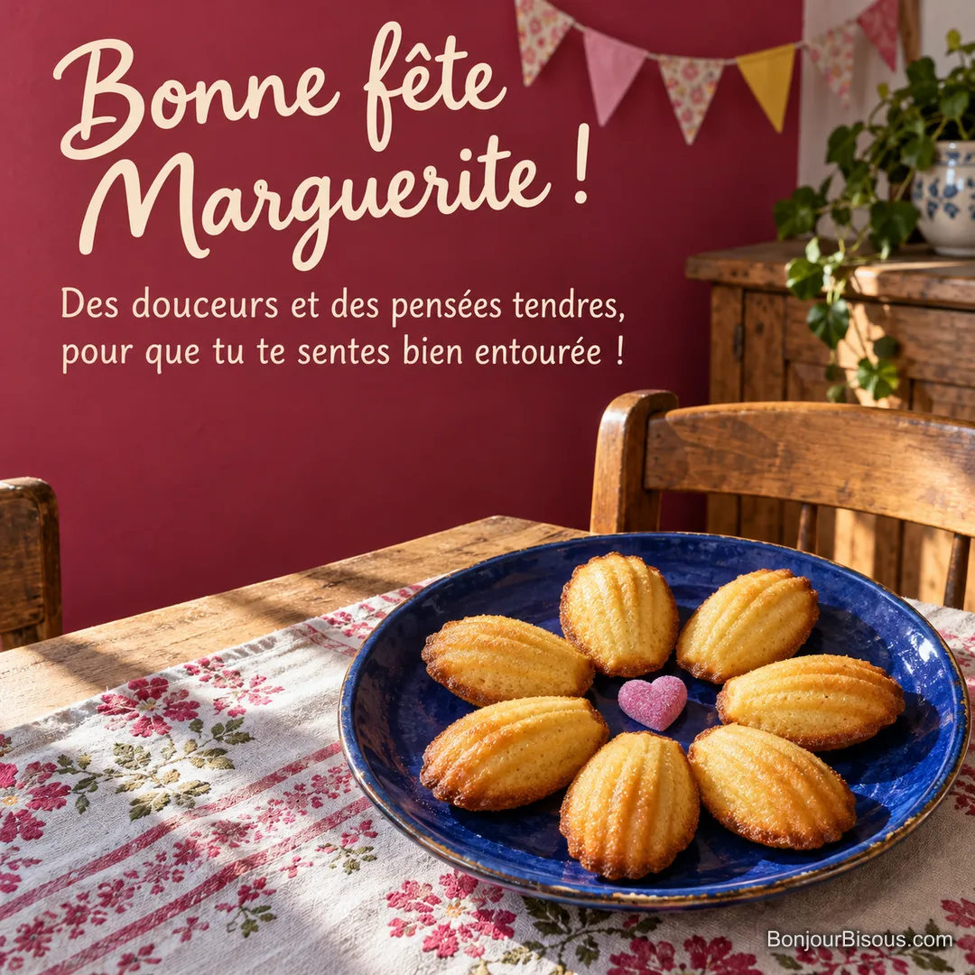 Sept madeleines dorées entourent un petit cœur rose sur un plat bleu dans une maison lumineuse, avec le message « Bonne fête Marguerite ! Des douceurs et des pensées tendres, pour que tu te sentes bien entourée ! ». Sept madeleines dorées entourent un petit cœur rose sur un plat bleu dans une maison lumineuse, avec le message « Bonne fête Marguerite ! Des douceurs et des pensées tendres, pour que tu te sentes bien entourée ! ».