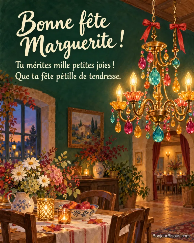 Un lustre aux pampilles de verre multicolores illumine une petite salle décorée de rubans rouges, avec le message « Bonne fête Marguerite ! Tu mérites mille petites joies ! Que ta fête pétille de tendresse. ».