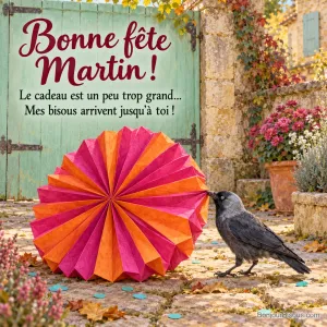 Un choucas essaie de soulever une immense cocarde de papier multicolore dans une cour, avec le message « Bonne fête Martin ! Le cadeau est un peu trop grand… Mes bisous arrivent jusqu’à toi ! ».