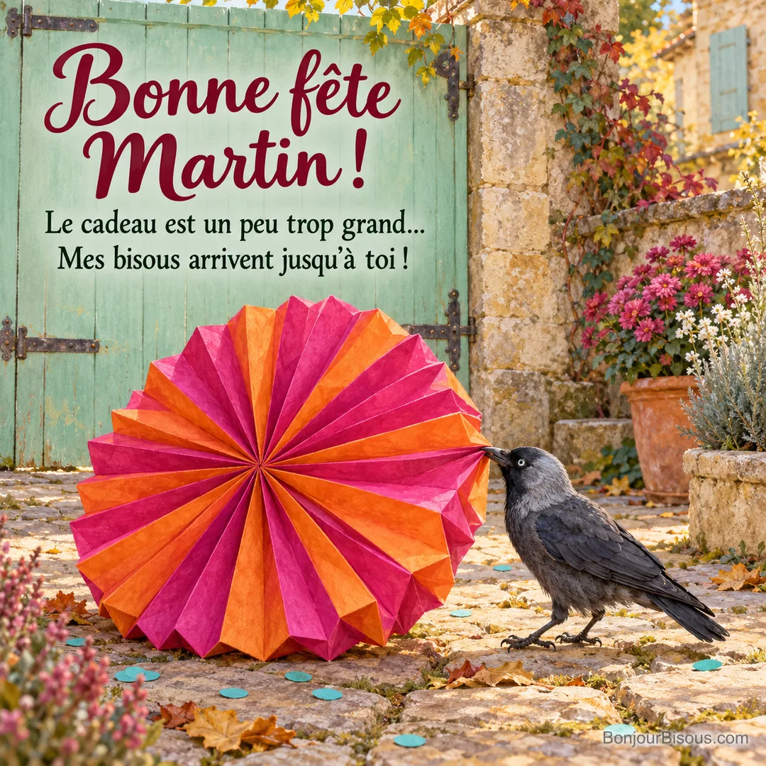 Un choucas essaie de soulever une immense cocarde de papier multicolore dans une cour, avec le message « Bonne fête Martin ! Le cadeau est un peu trop grand… Mes bisous arrivent jusqu’à toi ! ». Un choucas essaie de soulever une immense cocarde de papier multicolore dans une cour, avec le message « Bonne fête Martin ! Le cadeau est un peu trop grand… Mes bisous arrivent jusqu’à toi ! ».