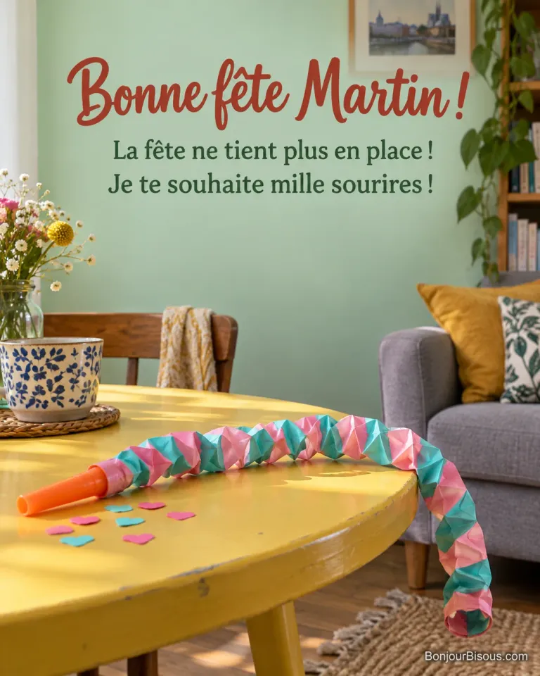 Un sans-gêne de fête entièrement déroulé serpente sur une table jaune et dépasse le bord, avec le message « Bonne fête Martin ! La fête ne tient plus en place ! Je te souhaite mille sourires ! ».