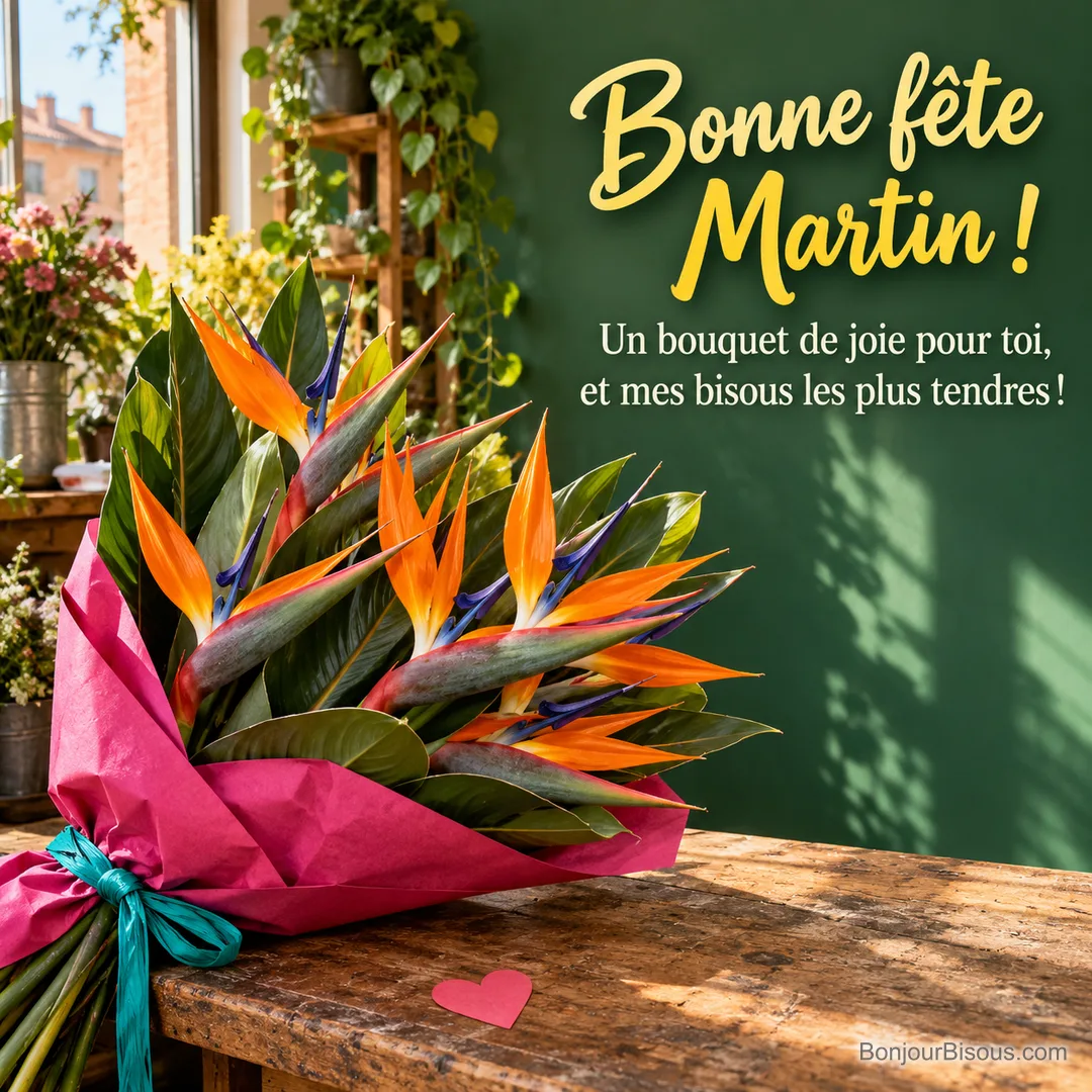 Un bouquet de strelitzias orange et bleus est enveloppé de papier fuchsia dans un atelier floral, avec le message « Bonne fête Martin ! Un bouquet de joie pour toi, et mes bisous les plus tendres ! ». Un bouquet de strelitzias orange et bleus est enveloppé de papier fuchsia dans un atelier floral, avec le message « Bonne fête Martin ! Un bouquet de joie pour toi, et mes bisous les plus tendres ! ».