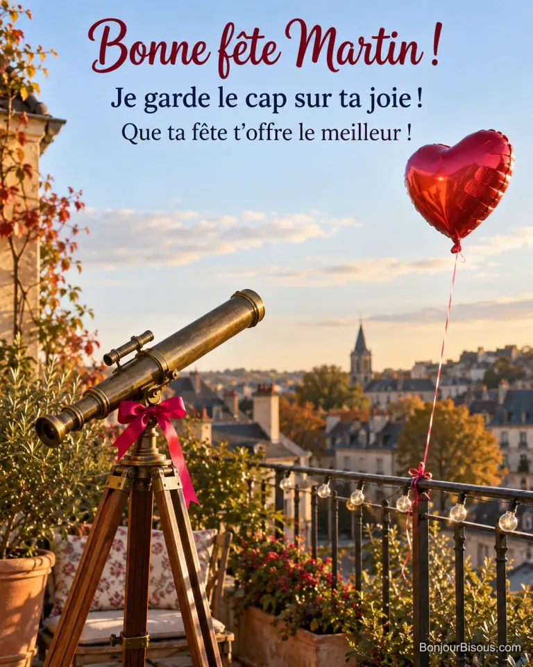 Une longue-vue en laiton vise un ballon rouge en forme de cœur au-dessus d’une terrasse, avec le message « Bonne fête Martin ! Je garde le cap sur ta joie ! Que ta fête t’offre le meilleur ! ».