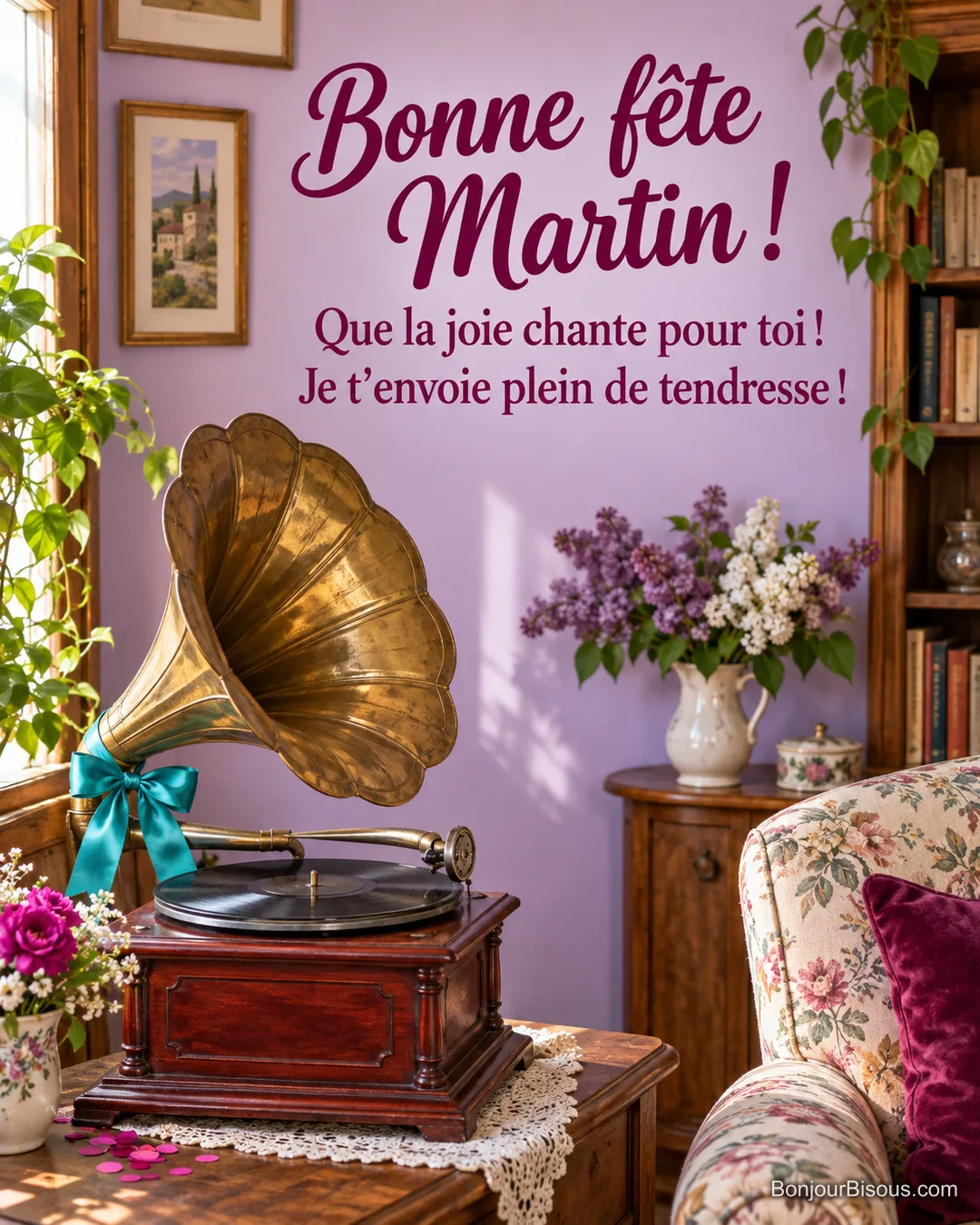 Un gramophone ancien au pavillon de laiton, décoré d’un nœud turquoise, fait chanter la fête, avec le message « Bonne fête Martin ! Que la joie chante pour toi ! Je t’envoie plein de tendresse ! ». Un gramophone ancien au pavillon de laiton, décoré d’un nœud turquoise, fait chanter la fête, avec le message « Bonne fête Martin ! Que la joie chante pour toi ! Je t’envoie plein de tendresse ! ».