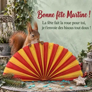 Un écureuil roux présente un grand éventail de papier corail et jaune comme un petit maître de cérémonie. Message : « Bonne fête Martine ! La fête fait la roue pour toi, je t’envoie des bisous tout doux ! »