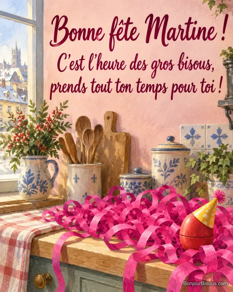 Un minuteur rouge au cadran vierge porte un chapeau de fête de travers parmi de longs serpentins fuchsia. Message : « Bonne fête Martine ! C’est l’heure des gros bisous, prends tout ton temps pour toi ! »