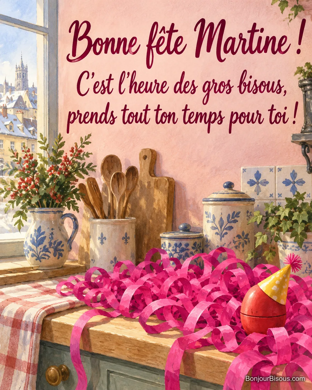 Un minuteur rouge au cadran vierge porte un chapeau de fête de travers parmi de longs serpentins fuchsia. Message : « Bonne fête Martine ! C’est l’heure des gros bisous, prends tout ton temps pour toi ! » Un minuteur rouge au cadran vierge porte un chapeau de fête de travers parmi de longs serpentins fuchsia. Message : « Bonne fête Martine ! C’est l’heure des gros bisous, prends tout ton temps pour toi ! »