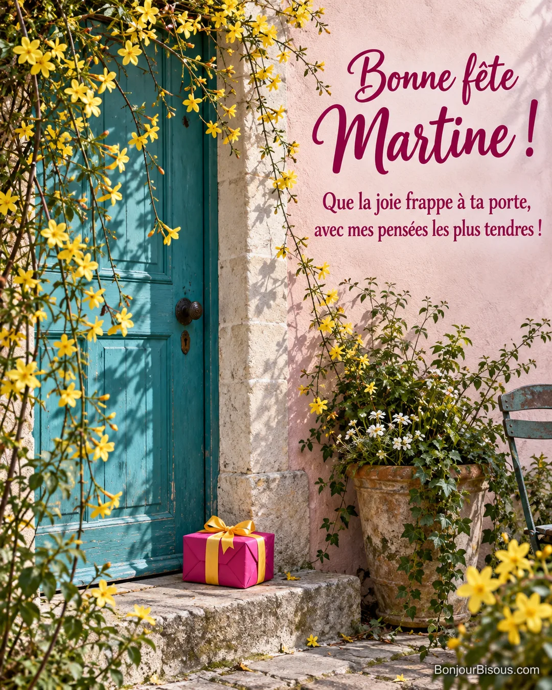 Du jasmin d’hiver jaune encadre une porte turquoise devant laquelle attend un cadeau fuchsia. Message : « Bonne fête Martine ! Que la joie frappe à ta porte, avec mes pensées les plus tendres ! »