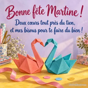 Deux cygnes de papier plié corail et turquoise rapprochent leurs cous pour former un cœur. Message : « Bonne fête Martine ! Deux cœurs tout près du tien, et mes bisous pour te faire du bien ! »