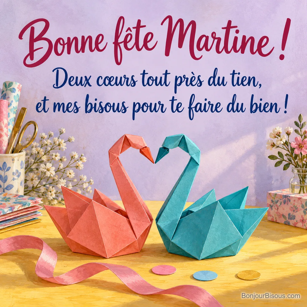 Deux cygnes de papier plié corail et turquoise rapprochent leurs cous pour former un cœur. Message : « Bonne fête Martine ! Deux cœurs tout près du tien, et mes bisous pour te faire du bien ! » Deux cygnes de papier plié corail et turquoise rapprochent leurs cous pour former un cœur. Message : « Bonne fête Martine ! Deux cœurs tout près du tien, et mes bisous pour te faire du bien ! »
