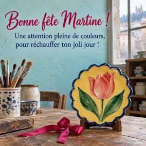 Un dessous-de-plat artisanal jaune à bord cobalt présente une tulipe corail peinte à la main. Message : « Bonne fête Martine ! Une attention pleine de couleurs, pour réchauffer ton joli jour ! »
