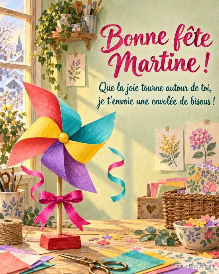 Un moulin à vent de papier aux quatre pales colorées est offert avec un nœud fuchsia. Message : « Bonne fête Martine ! Que la joie tourne autour de toi, je t’envoie une envolée de bisous ! »