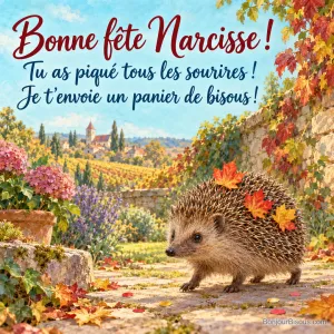 Un hérisson coiffé de feuilles d’automne traverse un jardin parsemé de confettis, avec le message « Bonne fête Narcisse ! Tu as piqué tous les sourires ! Je t’envoie un panier de bisous ! ».
