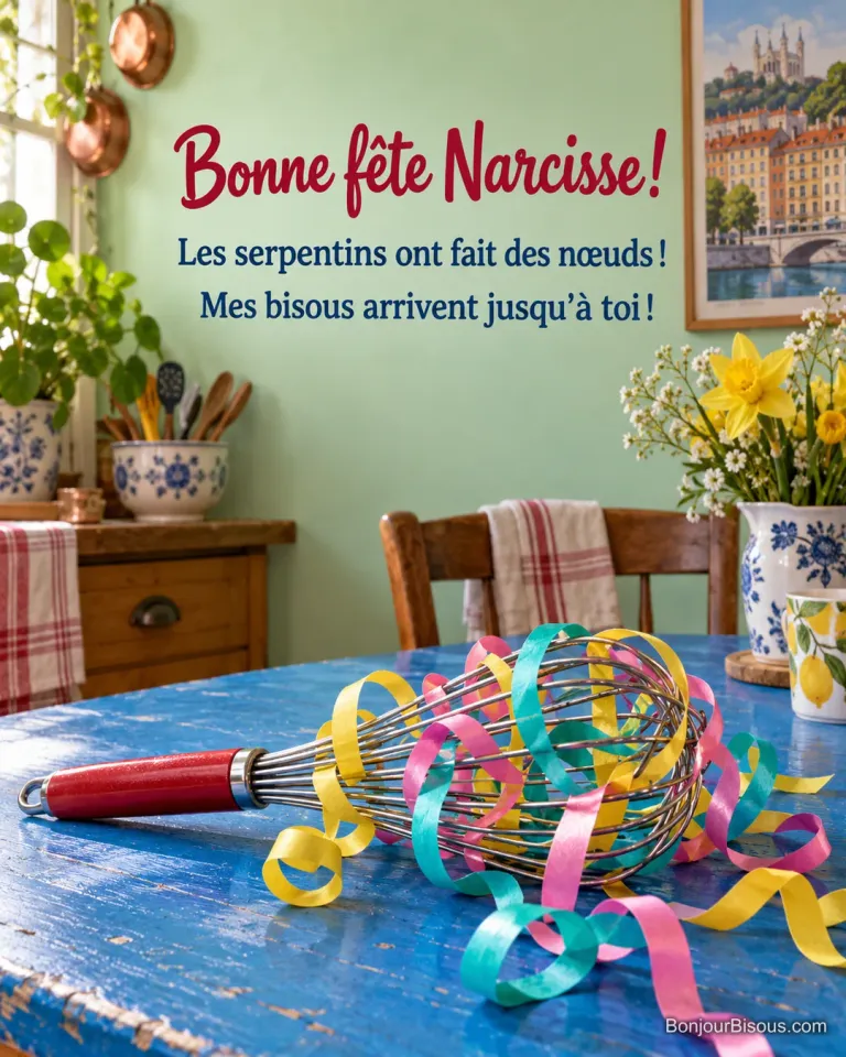 Un fouet de cuisine rouge est joyeusement emmêlé dans des serpentins multicolores, avec le message « Bonne fête Narcisse ! Les serpentins ont fait des nœuds ! Mes bisous arrivent jusqu’à toi ! ».
