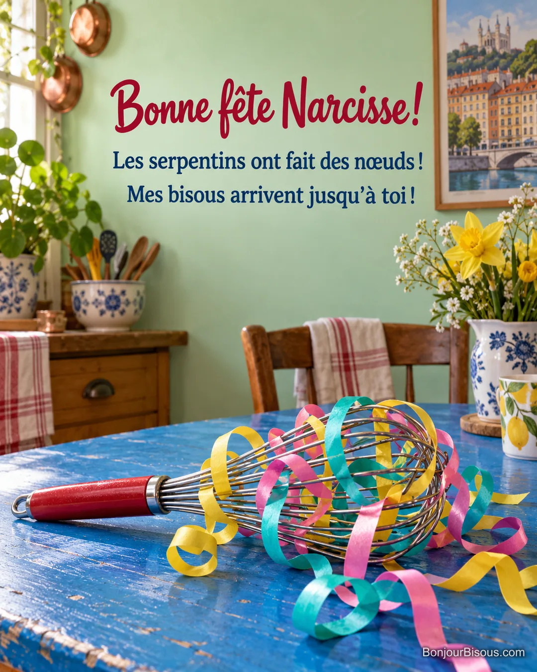 Un fouet de cuisine rouge est joyeusement emmêlé dans des serpentins multicolores, avec le message « Bonne fête Narcisse ! Les serpentins ont fait des nœuds ! Mes bisous arrivent jusqu’à toi ! ». Un fouet de cuisine rouge est joyeusement emmêlé dans des serpentins multicolores, avec le message « Bonne fête Narcisse ! Les serpentins ont fait des nœuds ! Mes bisous arrivent jusqu’à toi ! ».