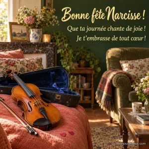 Un violon ambré et son archet reposent dans un étui décoré d’un ruban bleu, avec le message « Bonne fête Narcisse ! Que ta journée chante de joie ! Je t’embrasse de tout cœur ! ».