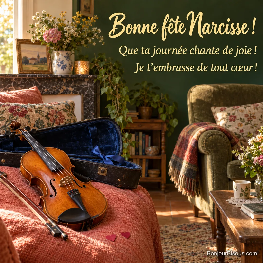 Un violon ambré et son archet reposent dans un étui décoré d’un ruban bleu, avec le message « Bonne fête Narcisse ! Que ta journée chante de joie ! Je t’embrasse de tout cœur ! ». Un violon ambré et son archet reposent dans un étui décoré d’un ruban bleu, avec le message « Bonne fête Narcisse ! Que ta journée chante de joie ! Je t’embrasse de tout cœur ! ».