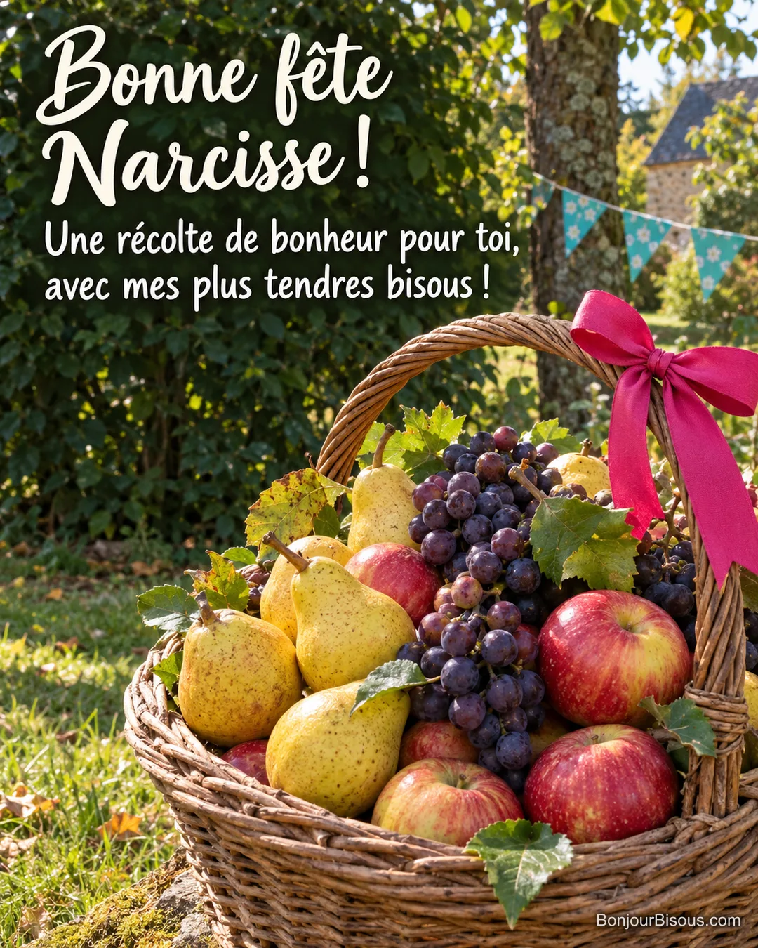 Une corbeille de pommes, de poires et de raisin est ornée d’un ruban fuchsia, avec le message « Bonne fête Narcisse ! Une récolte de bonheur pour toi, avec mes plus tendres bisous ! ». Une corbeille de pommes, de poires et de raisin est ornée d’un ruban fuchsia, avec le message « Bonne fête Narcisse ! Une récolte de bonheur pour toi, avec mes plus tendres bisous ! ».