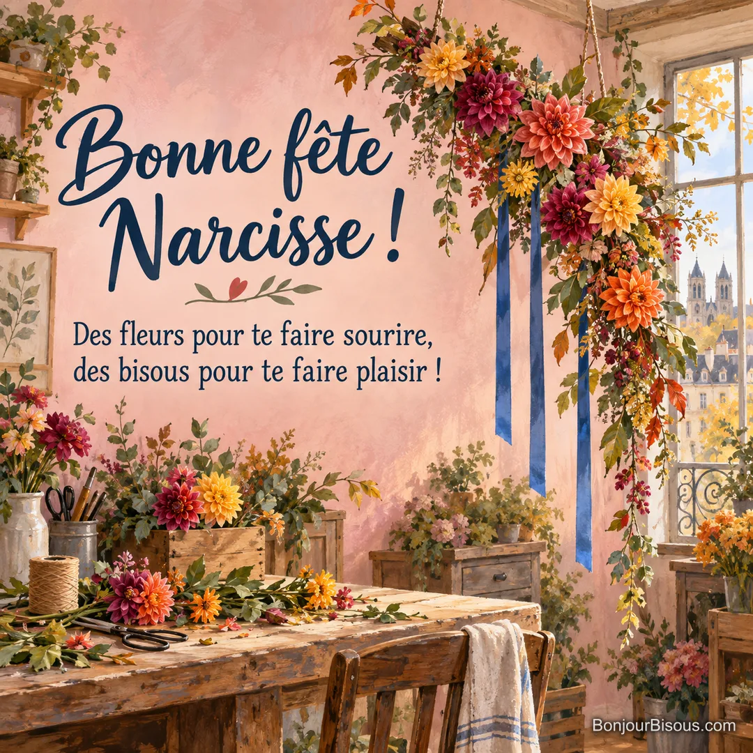 Une suspension de dahlias fuchsia, orange et jaunes s’accompagne de longs rubans bleus, avec le message « Bonne fête Narcisse ! Des fleurs pour te faire sourire, des bisous pour te faire plaisir ! ». Une suspension de dahlias fuchsia, orange et jaunes s’accompagne de longs rubans bleus, avec le message « Bonne fête Narcisse ! Des fleurs pour te faire sourire, des bisous pour te faire plaisir ! ».