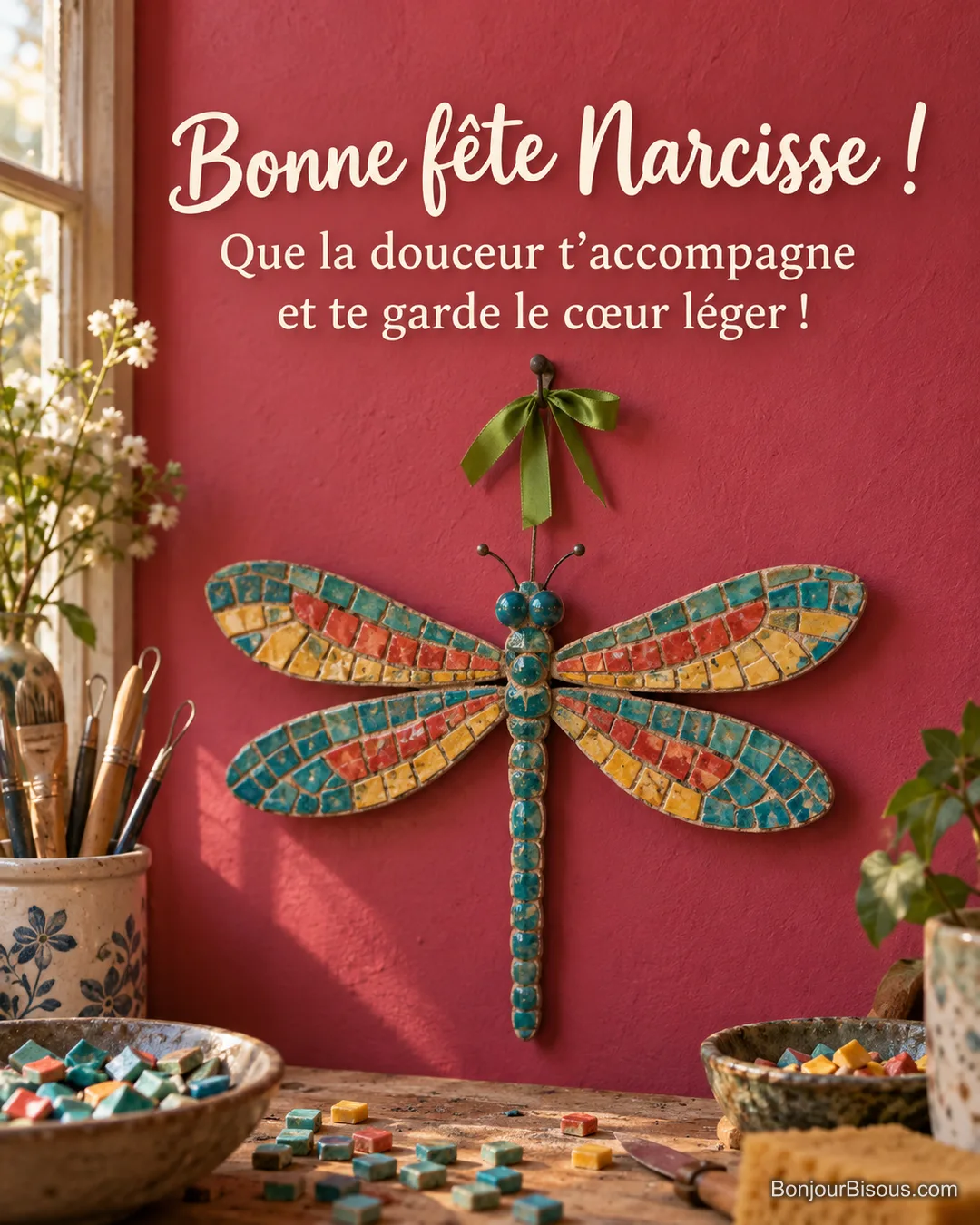 Une libellule en mosaïque turquoise, corail et jaune est suspendue dans un atelier, avec le message « Bonne fête Narcisse ! Que la douceur t’accompagne et te garde le cœur léger ! ». Une libellule en mosaïque turquoise, corail et jaune est suspendue dans un atelier, avec le message « Bonne fête Narcisse ! Que la douceur t’accompagne et te garde le cœur léger ! ».