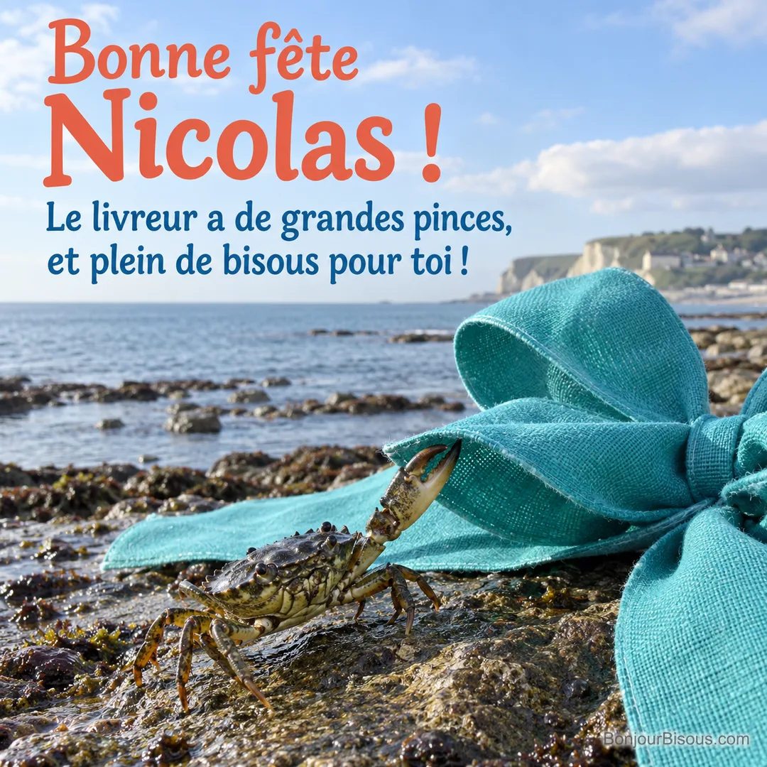 Un petit crabe soulève le ruban d’un énorme nœud cadeau turquoise sur un rocher normand. Le message est : « Bonne fête Nicolas ! Le livreur a de grandes pinces, et plein de bisous pour toi ! ». Un petit crabe soulève le ruban d’un énorme nœud cadeau turquoise sur un rocher normand. Le message est : « Bonne fête Nicolas ! Le livreur a de grandes pinces, et plein de bisous pour toi ! ».