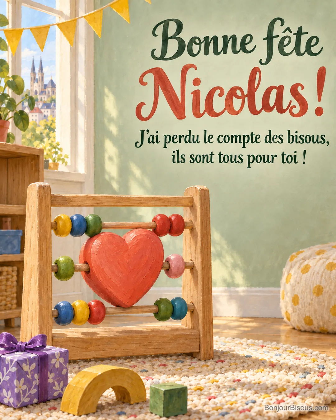 Un boulier de bois est comiquement bloqué par une perle géante en forme de cœur corail. Le message est : « Bonne fête Nicolas ! J’ai perdu le compte des bisous, ils sont tous pour toi ! ». Un boulier de bois est comiquement bloqué par une perle géante en forme de cœur corail. Le message est : « Bonne fête Nicolas ! J’ai perdu le compte des bisous, ils sont tous pour toi ! ».