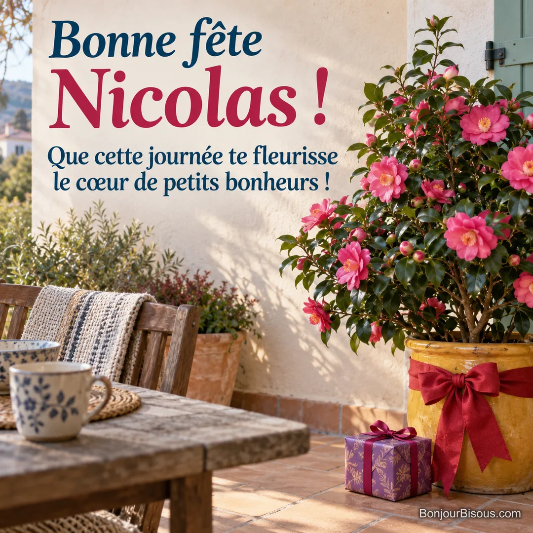 Un camélia sasanqua rose en fleurs déploie ses pétales au-dessus d’un pot jaune et d’un petit cadeau violet. Le message est : « Bonne fête Nicolas ! Que cette journée te fleurisse le cœur de petits bonheurs ! ». Un camélia sasanqua rose en fleurs déploie ses pétales au-dessus d’un pot jaune et d’un petit cadeau violet. Le message est : « Bonne fête Nicolas ! Que cette journée te fleurisse le cœur de petits bonheurs ! ».