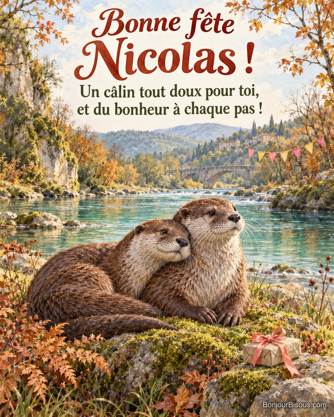 Deux loutres brunes se serrent tendrement sur une berge, sous quelques fanions festifs. Le message est : « Bonne fête Nicolas ! Un câlin tout doux pour toi, et du bonheur à chaque pas ! ». Deux loutres brunes se serrent tendrement sur une berge, sous quelques fanions festifs. Le message est : « Bonne fête Nicolas ! Un câlin tout doux pour toi, et du bonheur à chaque pas ! ».