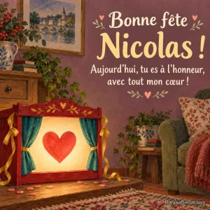 Un petit théâtre d’ombres aux rideaux turquoise s’ouvre sur un grand cœur lumineux. Le message est : « Bonne fête Nicolas ! Aujourd’hui, tu es à l’honneur, avec tout mon cœur ! ».