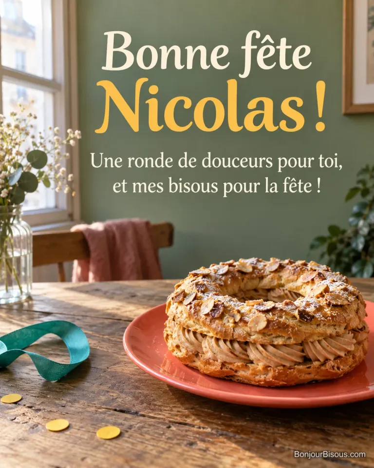 Un Paris-Brest doré à la crème pralinée repose sur un plat corail, près d’un ruban turquoise. Le message est : « Bonne fête Nicolas ! Une ronde de douceurs pour toi, et mes bisous pour la fête ! ».