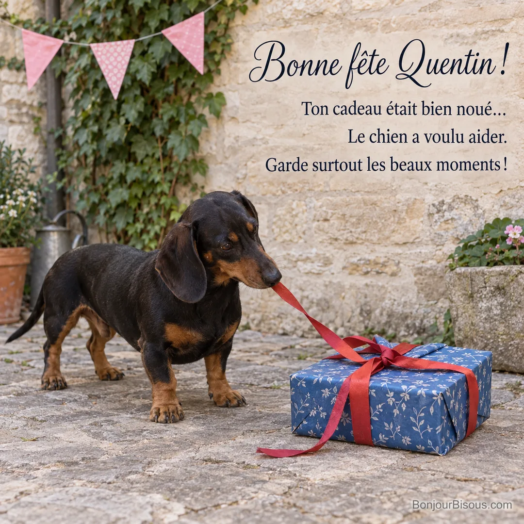 Un teckel noir et feu défait le ruban rouge d’un cadeau bleu dans une cour, avec le texte « Bonne fête Quentin ! Ton cadeau était bien noué… Le chien a voulu aider. Garde surtout les beaux moments ! ». Un teckel noir et feu défait le ruban rouge d’un cadeau bleu dans une cour, avec le texte « Bonne fête Quentin ! Ton cadeau était bien noué… Le chien a voulu aider. Garde surtout les beaux moments ! ».