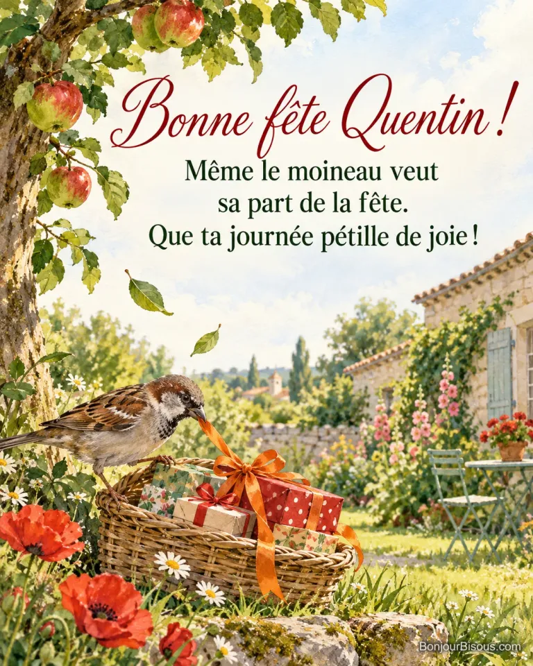 Un moineau essaie d’emporter un nœud orange près d’une corbeille de petits cadeaux, avec le texte « Bonne fête Quentin ! Même le moineau veut sa part de la fête. Que ta journée pétille de joie ! ».