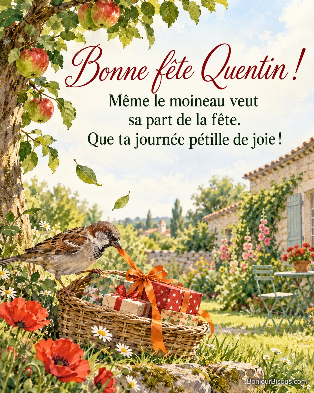 Un moineau essaie d’emporter un nœud orange près d’une corbeille de petits cadeaux, avec le texte « Bonne fête Quentin ! Même le moineau veut sa part de la fête. Que ta journée pétille de joie ! ». Un moineau essaie d’emporter un nœud orange près d’une corbeille de petits cadeaux, avec le texte « Bonne fête Quentin ! Même le moineau veut sa part de la fête. Que ta journée pétille de joie ! ».