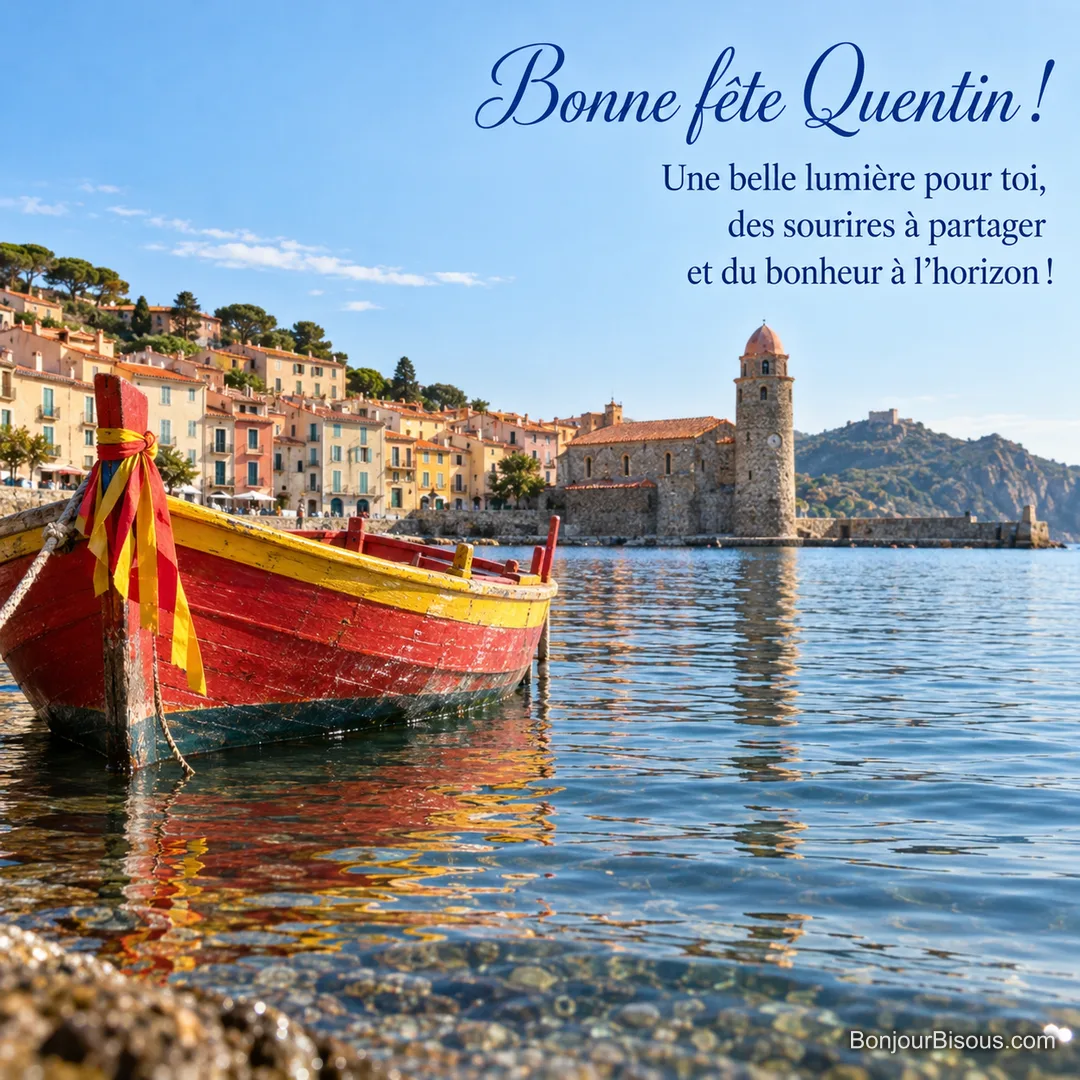 Une barque catalane rouge et jaune se balance dans une crique de Collioure, avec le texte « Bonne fête Quentin ! Une belle lumière pour toi, des sourires à partager et du bonheur à l’horizon ! ». Une barque catalane rouge et jaune se balance dans une crique de Collioure, avec le texte « Bonne fête Quentin ! Une belle lumière pour toi, des sourires à partager et du bonheur à l’horizon ! ».