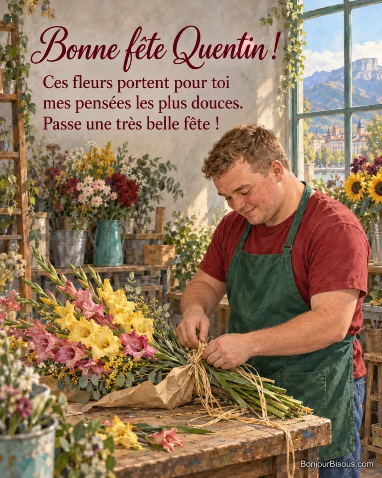 Un fleuriste noue un bouquet de glaïeuls jaunes et roses dans son atelier grenoblois, avec le texte « Bonne fête Quentin ! Ces fleurs portent pour toi mes pensées les plus douces. Passe une très belle fête ! ».