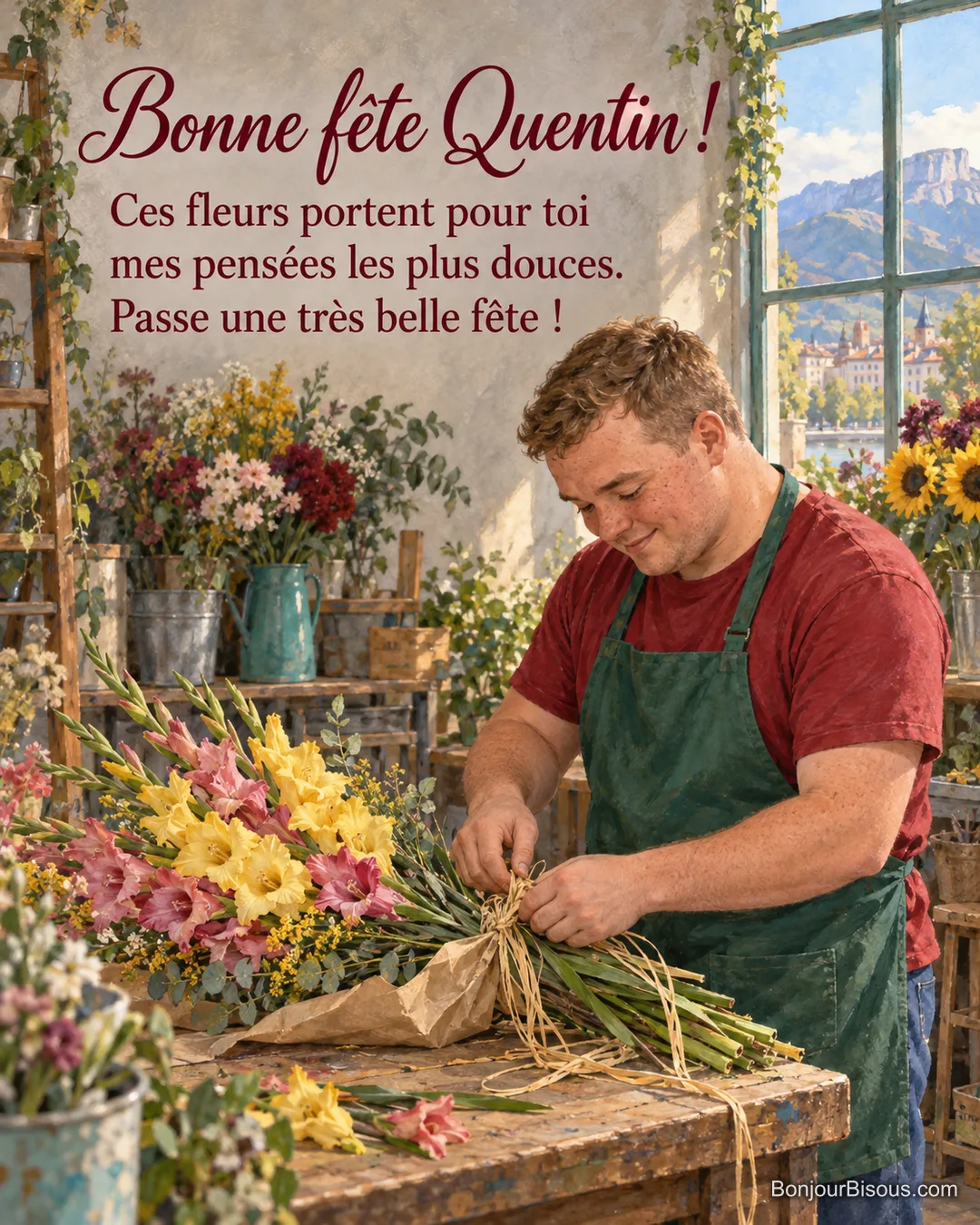 Un fleuriste noue un bouquet de glaïeuls jaunes et roses dans son atelier grenoblois, avec le texte « Bonne fête Quentin ! Ces fleurs portent pour toi mes pensées les plus douces. Passe une très belle fête ! ». Un fleuriste noue un bouquet de glaïeuls jaunes et roses dans son atelier grenoblois, avec le texte « Bonne fête Quentin ! Ces fleurs portent pour toi mes pensées les plus douces. Passe une très belle fête ! ».